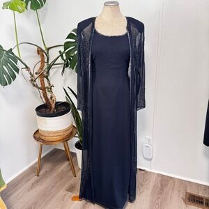 Jkara New York Evening Gown Set 6 Navy Blue Beaded Sequin‎ Maxi Dress Duster